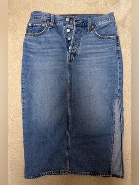 Levi's Medium Blue Denim Midi Skirt with Side Slit